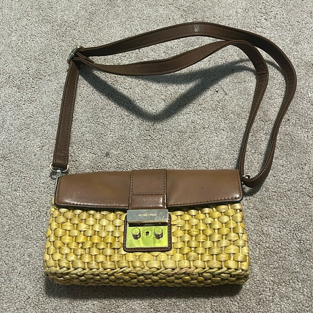 Michael Kors Brown Leather & Yellow Woven Crossbody Bag